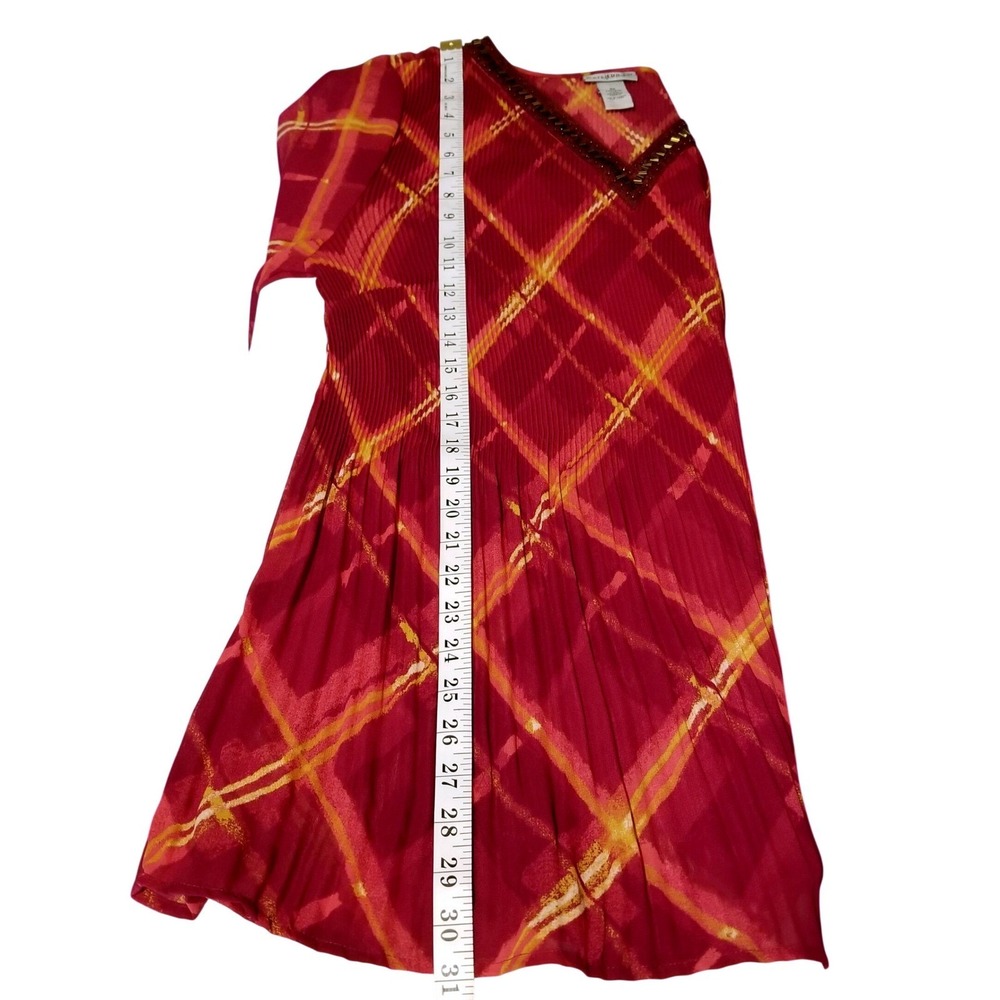 Catherines Red Plaid Beaded V-Neck Pleated Tunic‎ Top Plus Size 0X 14/16W - Picture 7 of 12